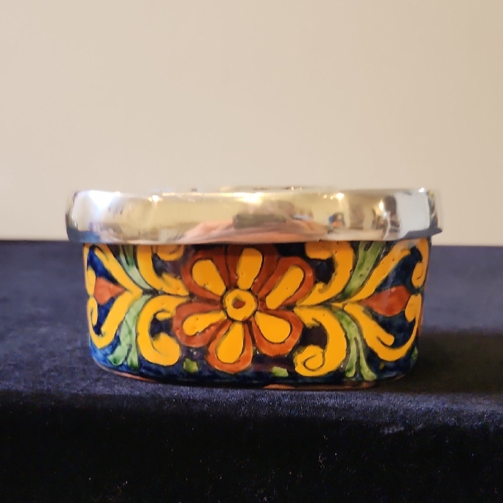 Mexican handcrafted Floral Ceramic Box with Silver Lid